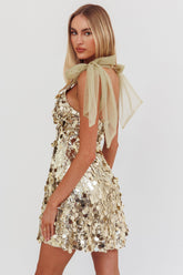 Mykonos Morning Tied Shoulder Sequin Mini Dress Gold